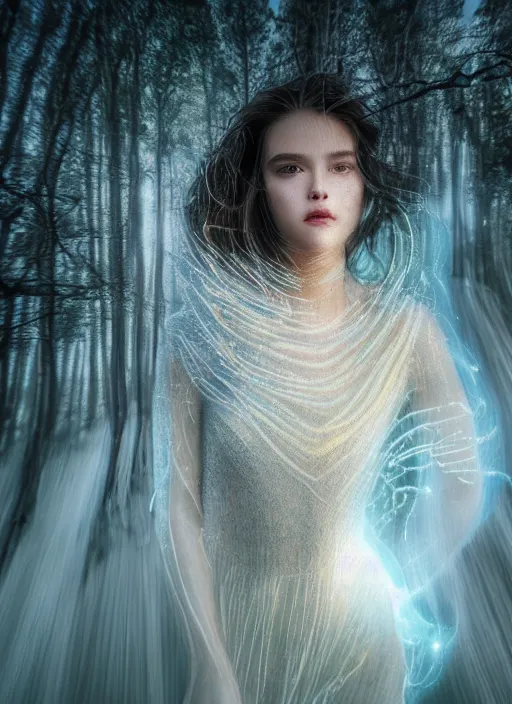 Image similar to luminescent long exposure light painting beauteous practical sumptuous full frame photo realistic face, lifelike incredible hair, crystalline masterpiece incrustations, hyperdetailed face, elegant pose, movie still, intricate, octane render, cinematic forest lighting,