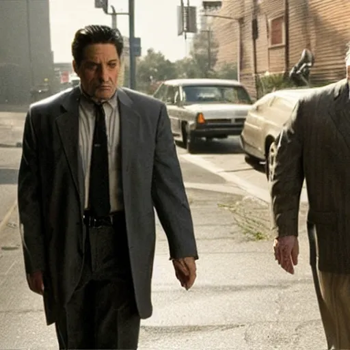 Prompt: in this scene from david chase's hbo miniseries / the outfit /, a supernatural mafia crime thriller about magical monster - hunting mafiosi in 9 0 s philadelphia the main character ( / joe manganiello / ) is being interrogated by his boss ( / robert de niro / ). realistic hd 8 k film photography. composition inspired by christopher mckenna.