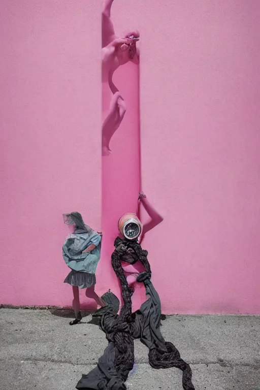 Image similar to a surreal portrait of intertwined and contorted figures wearing gas mask next to a pink wall in the style of brooke didonato, editorial fashion photography from vogue magazine, full shot, nikon d 8 1 0, ƒ / 2. 5, focal length : 8 5. 0 mm, exposure time : 1 / 8 0 0, iso : 2 0 0