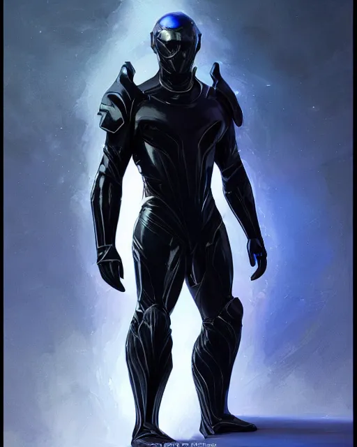 Image similar to character concept of iridescent sinewy smooth muscular male sleek glossy indigo black pearlescent scifi armor with smooth black featureless helmet, by greg rutkowski, mark brookes, jim burns, tom bagshaw, magali villeneuve, trending on artstation