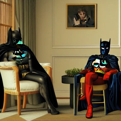 Prompt: a picture of batman sitting in a therapists office, 4 k, ultra detailed, by jacques - louis david