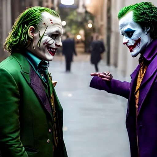 Image similar to A still of Johnny Depp talking with The Joker on a premiere, 4k, highly detailed, photograph, photoreal, professional lighting, promo shoot, award winning