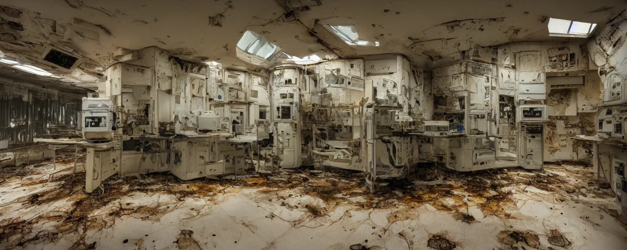 Prompt: Film still of a dimly lit white science lab on a space ship, decay, burning, rust, giger, water dripping, puddles, wet floor, Cinestill colour cinematography, anamorphic