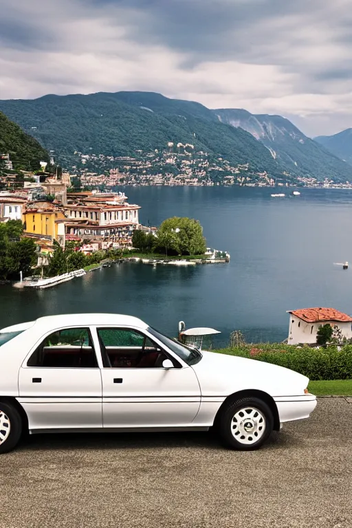 Image similar to Photo of a white 1997 Ford AU Falcon parked on a dock with Lake Como in the background, wide shot, daylight, blue sky, summer, dramatic lighting, award winning, highly detailed, 1980s, luxury lifestyle, fine art print, best selling.