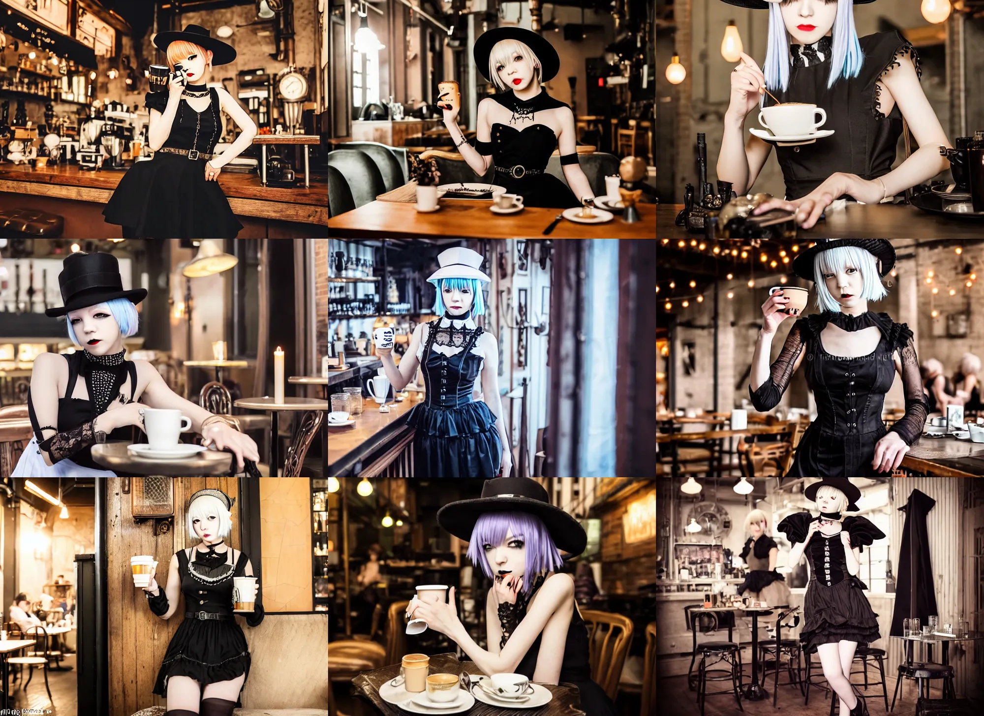 Prompt: full body portrait photo of reol wearing a elegant gothic dress, open top, wearing a chocker and cute hat, drinking coffee in a ( ( busy ) ) steampunk cafe interior, dim studio lighting, at night, ( ( photograph ) ), moody, realistic, detailed, low light, skin tinted a warm tone, light blue filter, hdr, 8 k