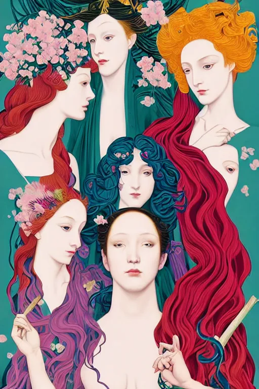 Image similar to 3 Spring Muses symbolically representing March, April, and May, in a style blending Æon Flux, Peter Chung, Shepard Fairey, Botticelli, Ivan Bolivian, and John Singer Sargent, inspired by pre-raphaelite paintings, shoujo manga, and cool Japanese street fashion, dramatically blossoming flora and fauna, petals falling everywhere, pastel vivid triad colors, hyper detailed, super fine inking lines, ethereal and otherworldly, 4K extremely photorealistic, Arnold render