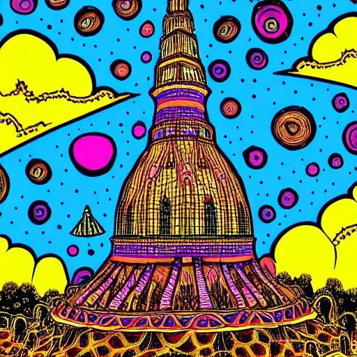 Prompt: psychedelic mole antonelliana in the style of robert crumb, with hallucinogenic mushrooms in the background, vivid colours