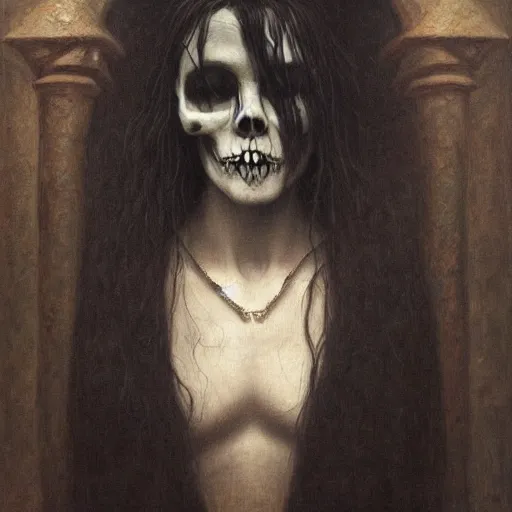 Image similar to a portrait of a mysterious death goddess with black eyes and a skull necklace, moody, dark, deep shadows, creepy, muted colors, highly detailed, intricate artwork, beautiful oil painting by Jean Delville