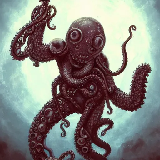 Image similar to Eyeless orb monster with many ears, tentacles holding guns, D&D, high quality, trending on artlist