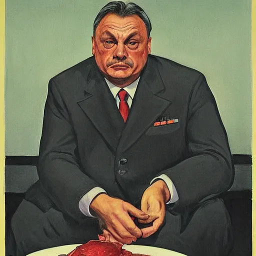 Image similar to highly detailed propaganda poster portrait of the leader of fascist hungary, viktor orban participating in a traditional pig slaughter, painted by edward hopper