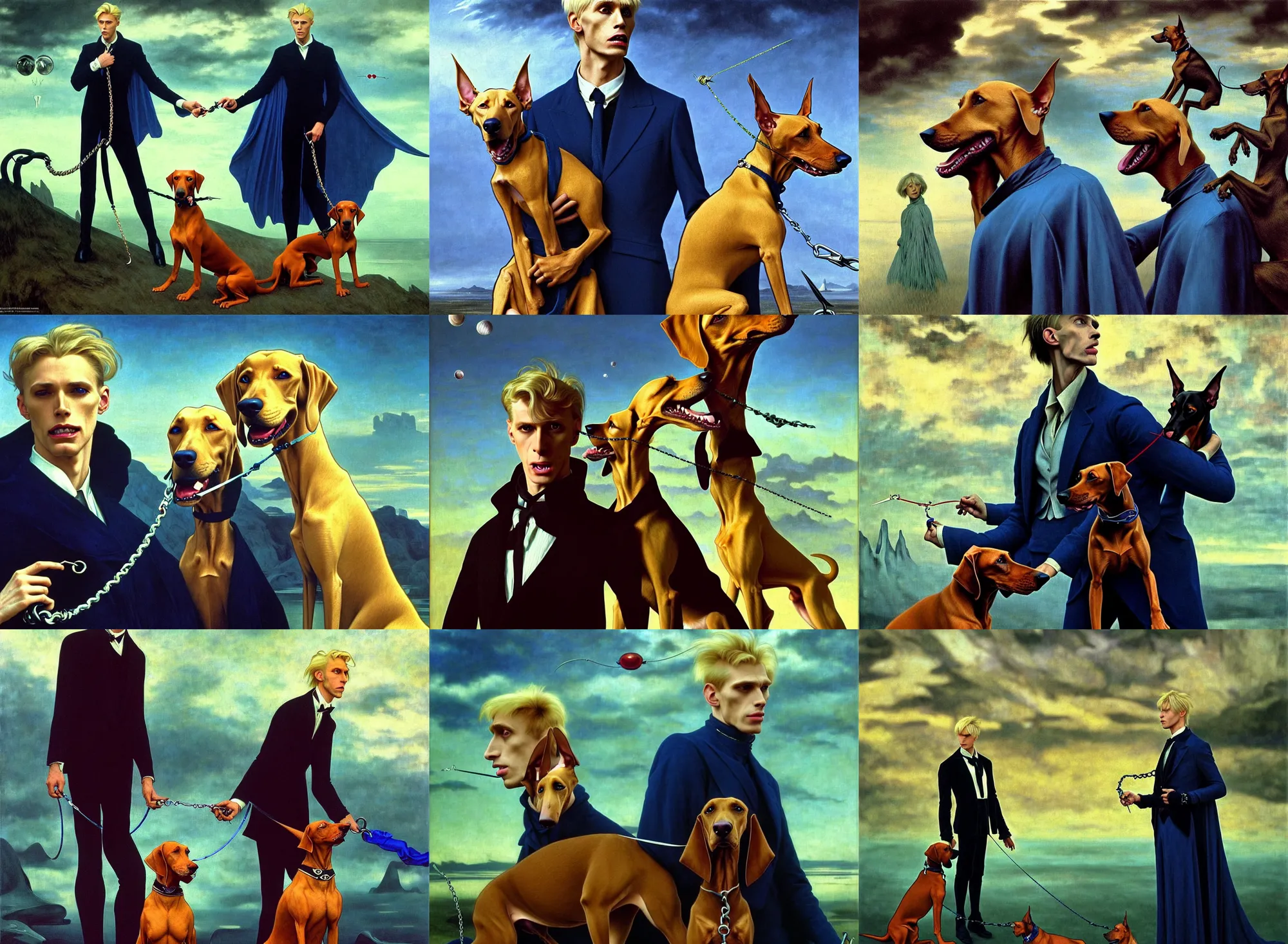 Prompt: realistic detailed portrait movie shot of an elegant blond male vampire with a doberman on a leash, sci fi landscape background by denis villeneuve, amano, yves tanguy, alphonse mucha, max ernst, caravaggio, roger dean, masterpiece, rich cold moody colours, dog teeth, blue eyes