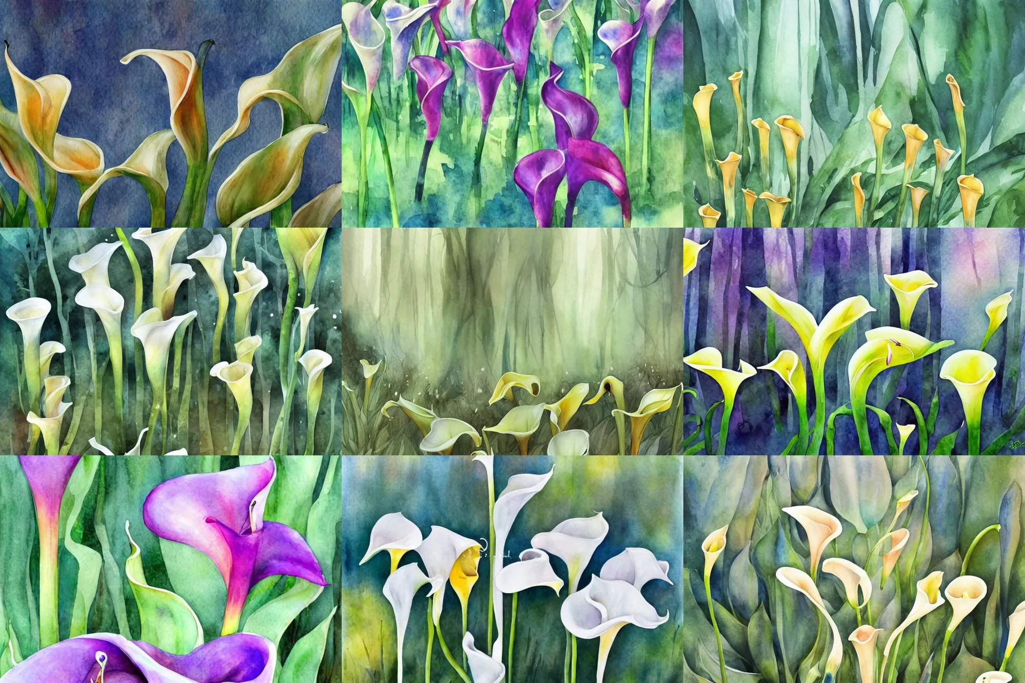 Prompt: calla lily forest, high quality watercolors, award winning, trending on artstation