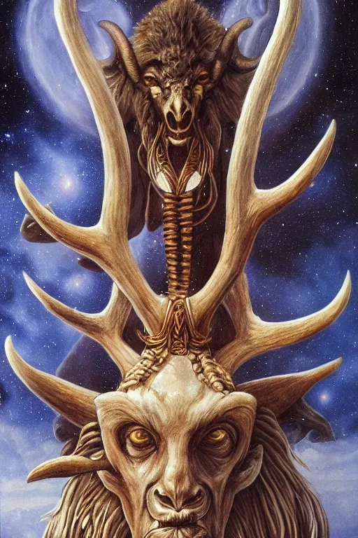 Image similar to sideview waist up portrait of baphomet with big antler, starship made with porcelain by jeff easley and peter elson, beautiful eyes and face, symmetry face, galaxy, gothic, surreal, dread, highly detailed, intricate complexity, epic composition, magical atmosphere, masterpiece, award winning, trending on artstation