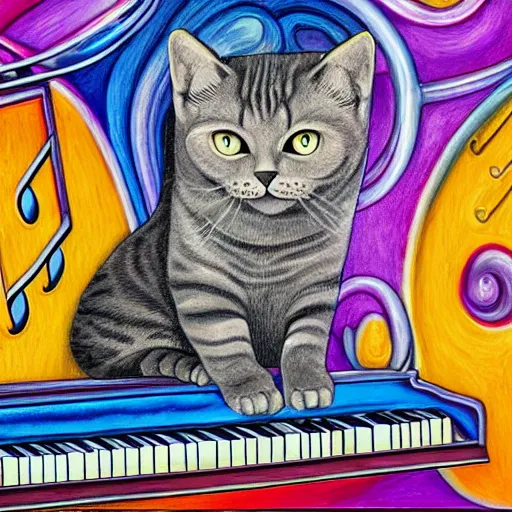 Image similar to british shorthair cat sitting on surreal curved piano keys, surrounded by musical notes, colorful detailed painting in the style of josephine wall 4 k