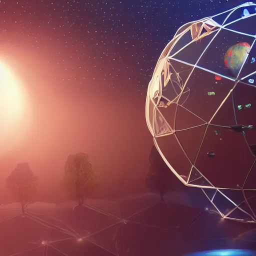 Image similar to a hyperrealistic 3D octane render of an elephant wearing virtual reality goggles playing a synthesizer inside of a geodesic dome planetarium with planets and galaxies, trending on artstation, 8k, 4K, dramatic lighting, glowing, volumetric lighting, ray tracing, unreal engine