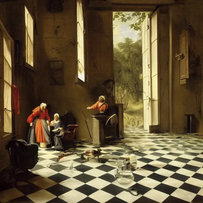 Image similar to colored painting, pieter de hooch, trending on artstation, highly detailed, black and white checkerboard floor in the middle of the rainforest, intricate, elegant