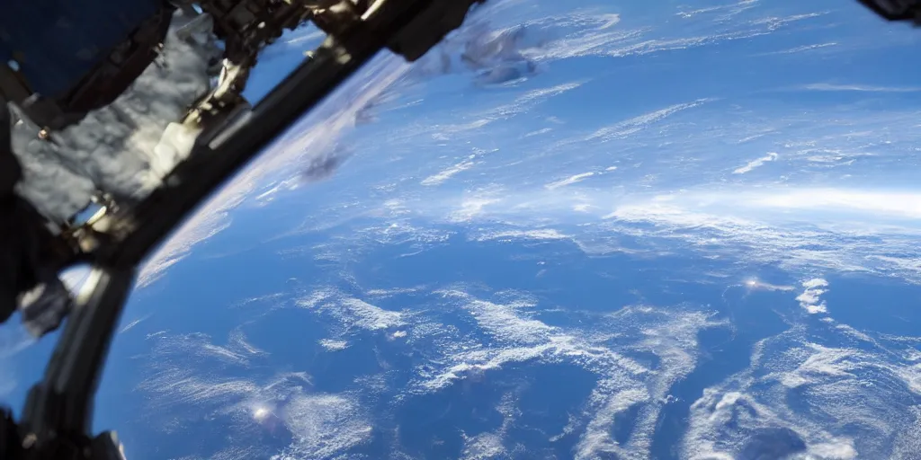 Prompt: beautiful view from the iss out of a sci - fi window, photorealistic, hyperdetailed, atmospheric, artstation