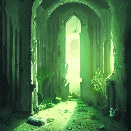 Prompt: a beautiful painting of the interior of a dungeon dimly lit with sources of green and teal lights, Chinara, german romanticism, Trending on artstation