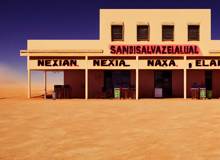 Image similar to realistic exterior photo of a mexican restaurant, vaporwave, in a flat barren desert. sandstorm, 15mm. Very detailed 8k. Sharp. Cinematic post-processing. Unreal engine. Nanite. Ray tracing. Parallax. Tessellation