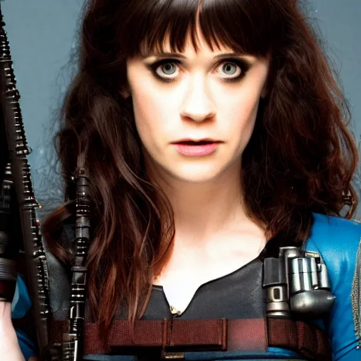 Image similar to studio photo of cyberpunk cyborg zooey deschanel