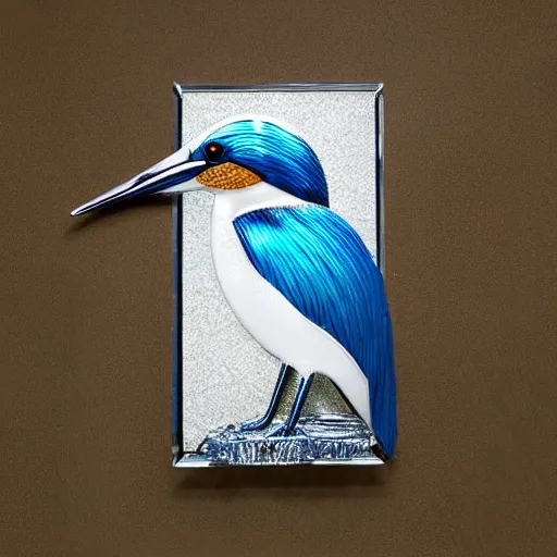 Image similar to wall art of a real life kingfisher made out of reflective crystal and very reflective polished metal, in the background is a forest, product photography