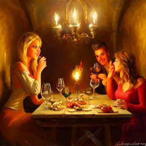 Image similar to wine cellar full of food, torches on the wall, schnapps, romantic, inviting, cozy, blonde woman, painting Vladimir Volegov