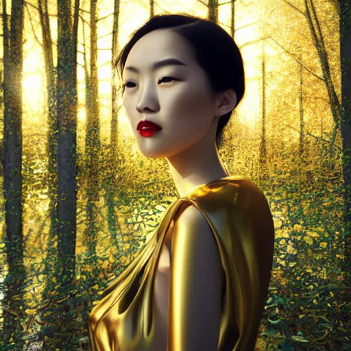 Image similar to innovative avant - garde art, deco fashion, asian women, highly detailed, photorealistic portrait by michael chavel, serene forest setting, golden hour, crisp quality and light reflections, octane render