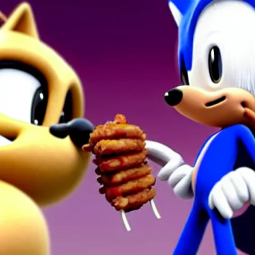 Image similar to a photograph of barack obama sharing a delicious chilli dog with sonic the hedgehog