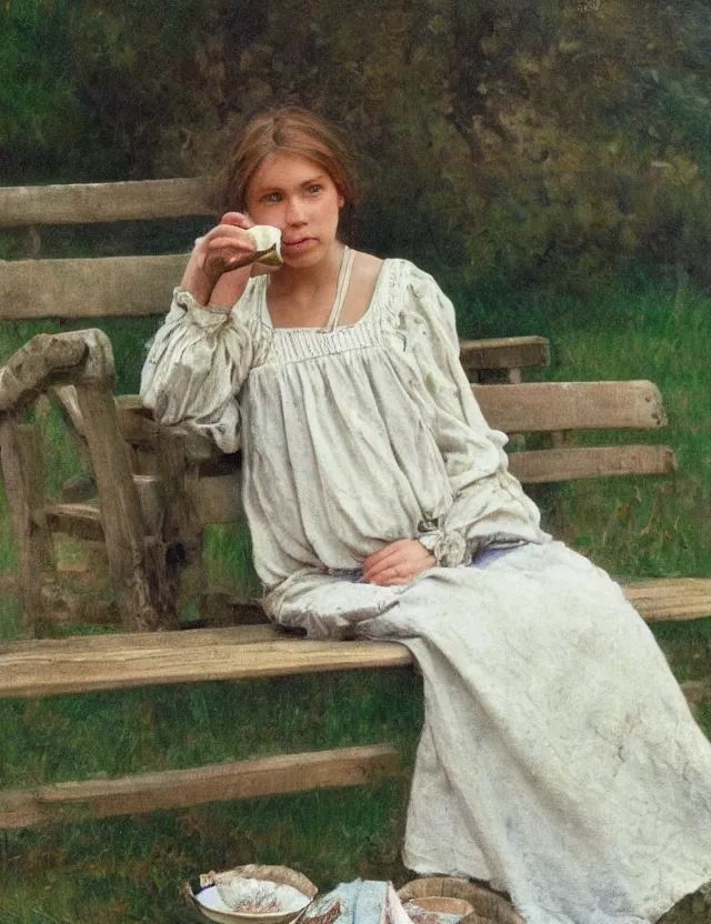 Prompt: portrait of peasant girl sitting on a bench and drinking milk, cottage core, cinematic focus, polaroid photo bleached vintage pastel colors high - key lighting, soft lights, foggy, by steve hanks, by lisa yuskavage, by serov valentin, by tarkovsky, 8 k render, detailed, oil on canvas