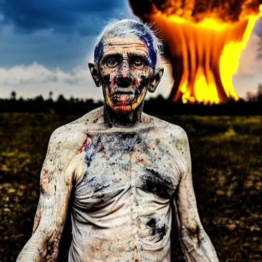 Image similar to selfie of the last surviving ukrainian, wild pain and damage to the body burns alive to the bone, painted in dirty yellow - blue colors, a huge nuclear explosion is approaching in the background