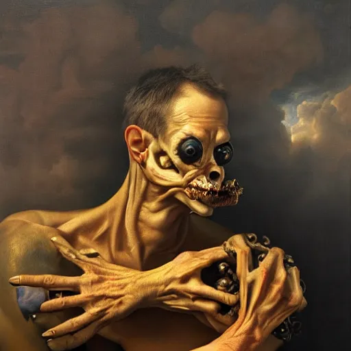 Image similar to refined gorgeous blended oil painting with black background by christian rex van minnen rachel ruysch dali todd schorr of a chiaroscuro portrait of an extremely bizarre disturbing mutated man with shiny skin acne intense chiaroscuro cast shadows obscuring features dramatic lighting perfect composition masterpiece