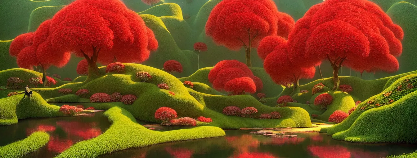 Prompt: a gorgeous very early spring series of lush islands separated by flower - lined streams, twisted gardens, flowers, fern fronds, all red, painting by barlowe wayne maxfield parrish and marco mazzoni. tree no leaf!!!! china mountain village!! very little light verdancy. ultra clear detailed. 3 d, octane render