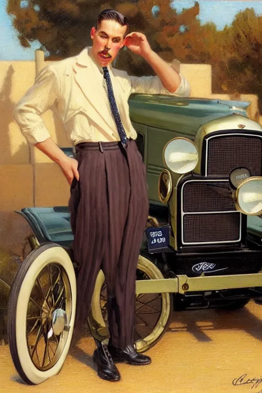 Prompt: attractive man standing in a 1 9 3 0 s suit near a ford model t, glossy oil painting by gaston bussiere, craig mullins, j. c. leyendecker, tom of finland