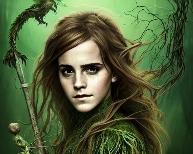 Prompt: mindblowing portrait of emma watson as a swamp witch, green colored skin, green hair, holding a caduceus staff, messy hair, deep focus, d & d, fantasy, intricate, elegant, highly detailed, digital painting, artstation, concept art, matte, sharp, illustration, hearthstone, art by artgerm and greg rutkowski and alphonse mucha