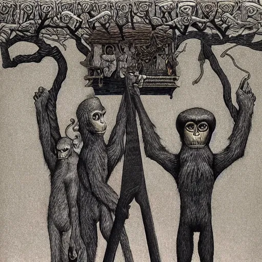 Prompt: clever monkeys with very long knives, very detailed, and colorful by Santiago Caruso, by M.C. Escher, by Edward Gorey, beautiful, eerie, surreal, psychedelic