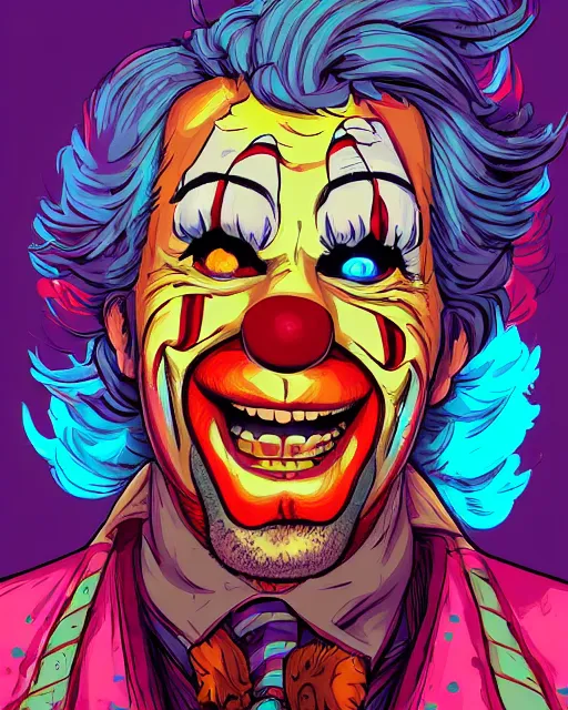 Image similar to a portrait of a clown, video game vector cutout illustration vivid multicolor borderlands comics by josan gonzales and dan mumford radiating a glowing aura