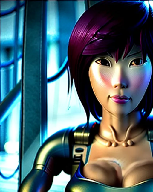 Image similar to weta disney pixar movie still portrait photo of motoko kusanagi the major ghost in the shell : : as cyborg woman by pixar : : by weta, wlop, ilya kuvshinov, rossdraws, artgerm, marvel, maxim cover, latex, octane render, sweaty, iridescent, bright morning, anime, octane render, 3 dcgi : :