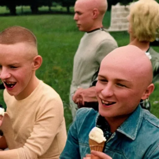 Prompt: skinheads with gently smiling eating ice cream, by Barry Lyndon