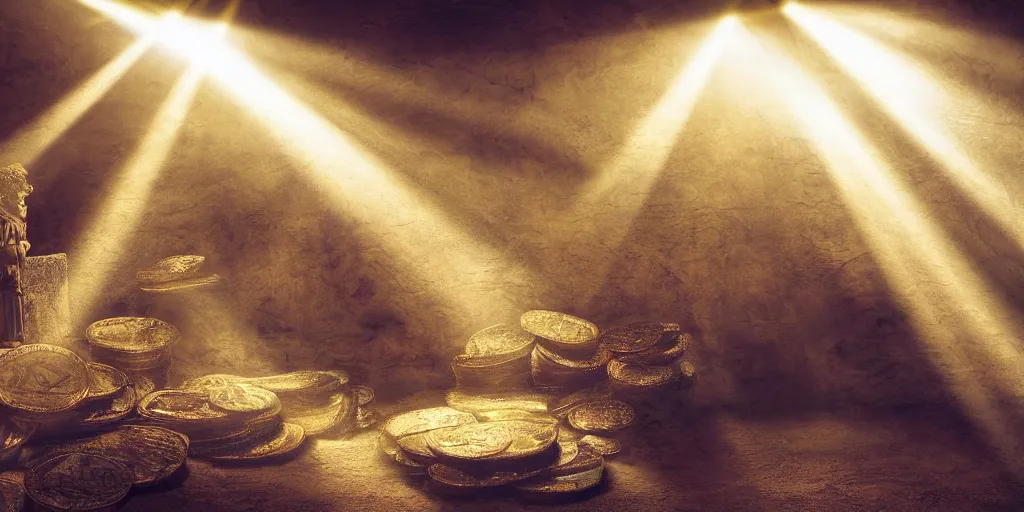 Image similar to gods basement filled with treasures and gold coins, divine, shinig rays of light, 8 k photography, cinematic light, award winning