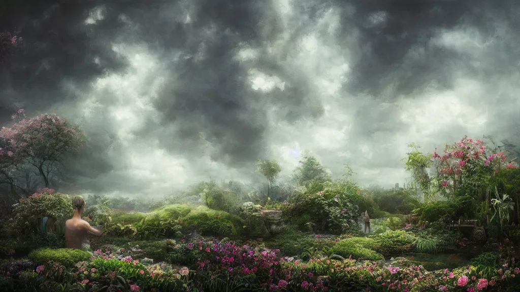 Prompt: a surreal dreamlike scene of a garden in the clouds, somber melancholic matte painting, highly detailed oil painting, liminal space, 8k, stillness, solitude, warm lovely sentimental atmosphere, masterpiece