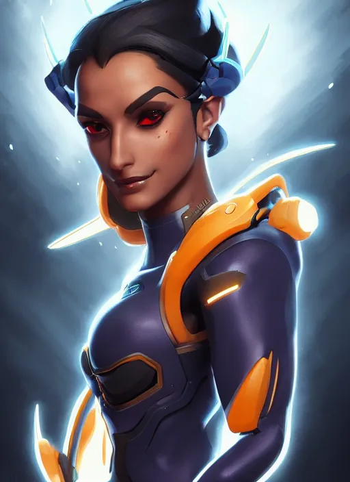 Image similar to character portrait of a fusion of Sigma from Overwatch and Symmetra from Overwatch by ArtGerm and Tom Bagshaw, 4k, highly detailed, cinematic lighting, characters merged