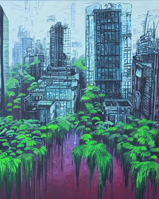 Image similar to abandoned overgrown city, acrylic