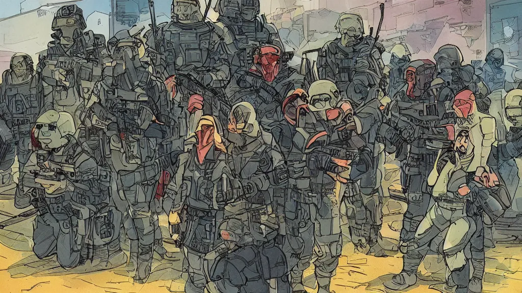 Prompt: An amazing illustration of a futuristic military in a small town, by Todd McFarlane. Cinematic. Bright color palette. Wide angle. Clean lines. Balanced composition.