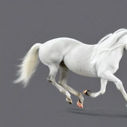 Prompt: a grey background with an animated white pony pictured in a running motion positioned in the bottom right.