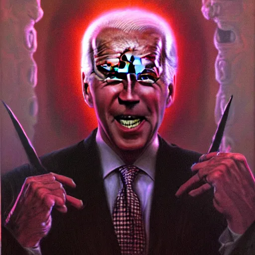 Image similar to epic Joe Biden in pandemonium, demons and souls, portrait, art by Wayne Barlowe, oil on canvas