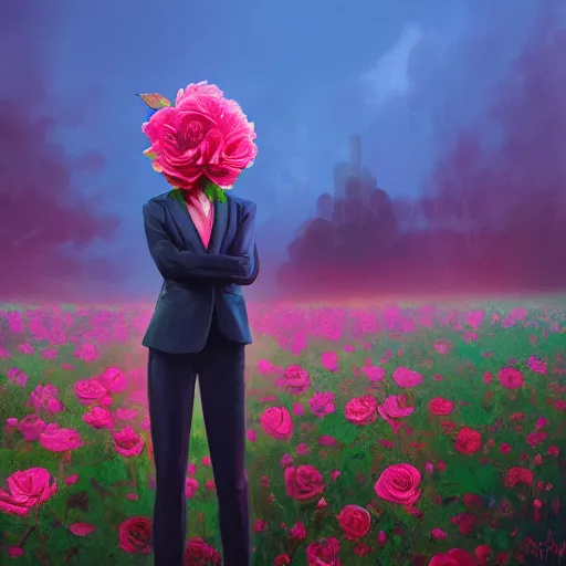 Prompt: closeup, large rose flower head, portrait, girl in a suit, surreal photography, sunrise, blue sky, dramatic light, impressionist painting, digital painting, artstation, simon stalenhag