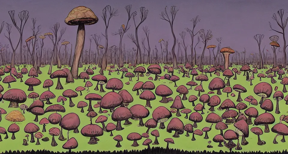 Image similar to A tribal village in a forest of giant mushrooms, by Charles Addams