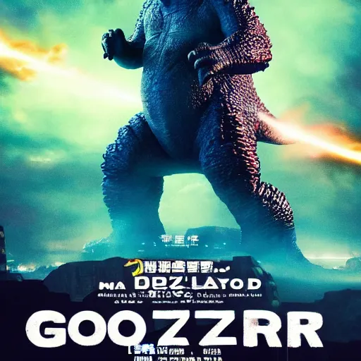 Prompt: barney the dinosaur stars in the new godzilla movie as godzilla, shooting lasers from his mouth at tokyo city, movie poster, blockbuster film, promotional