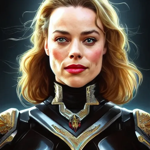 Image similar to Rachel McAdams' face combined with Margot Robbie's face with black hair wearing Power Armor, western, D&D, fantasy, intricate, elegant, highly detailed, digital painting, artstation, concept art, matte, sharp focus, illustration, art by Artgerm and Greg Rutkowski and Alphonse Mucha