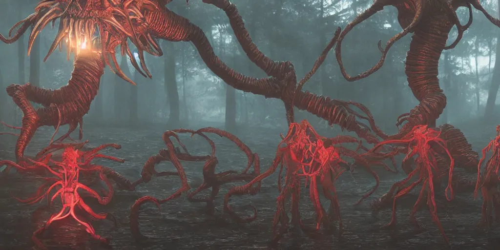 Prompt: let's exchange the experience ( ye - oh, ooh, ooh ),, stranger things, demodog, demogorgon, mindflayer, cinematic, highly detailed, photorealistic, volumetric lighting